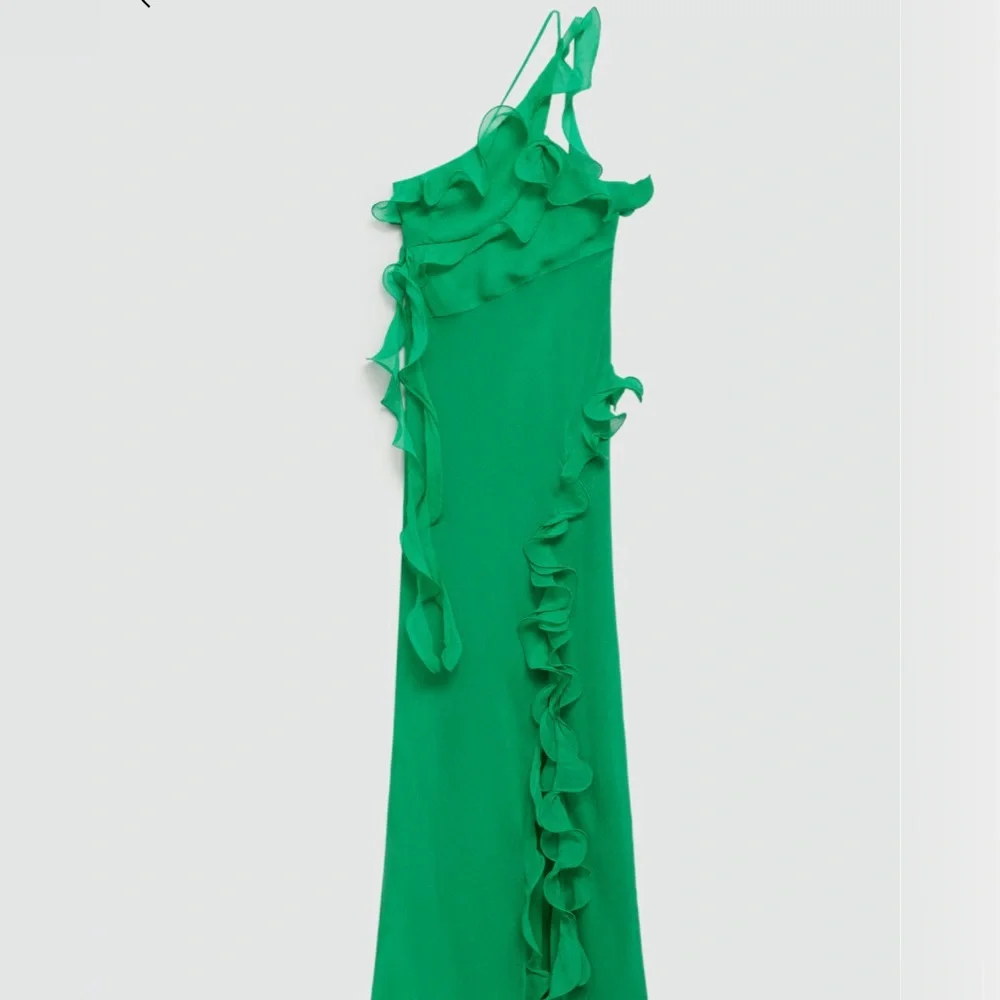 Mango Ruffled Green One-Shoulder Gown - Picture 6 of 9